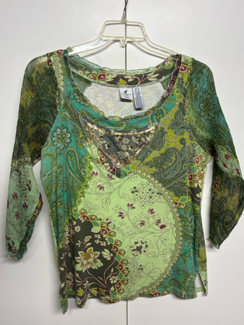 Caribbean Joe Petite Green Paisley Mixed Print Embellished Top PXL